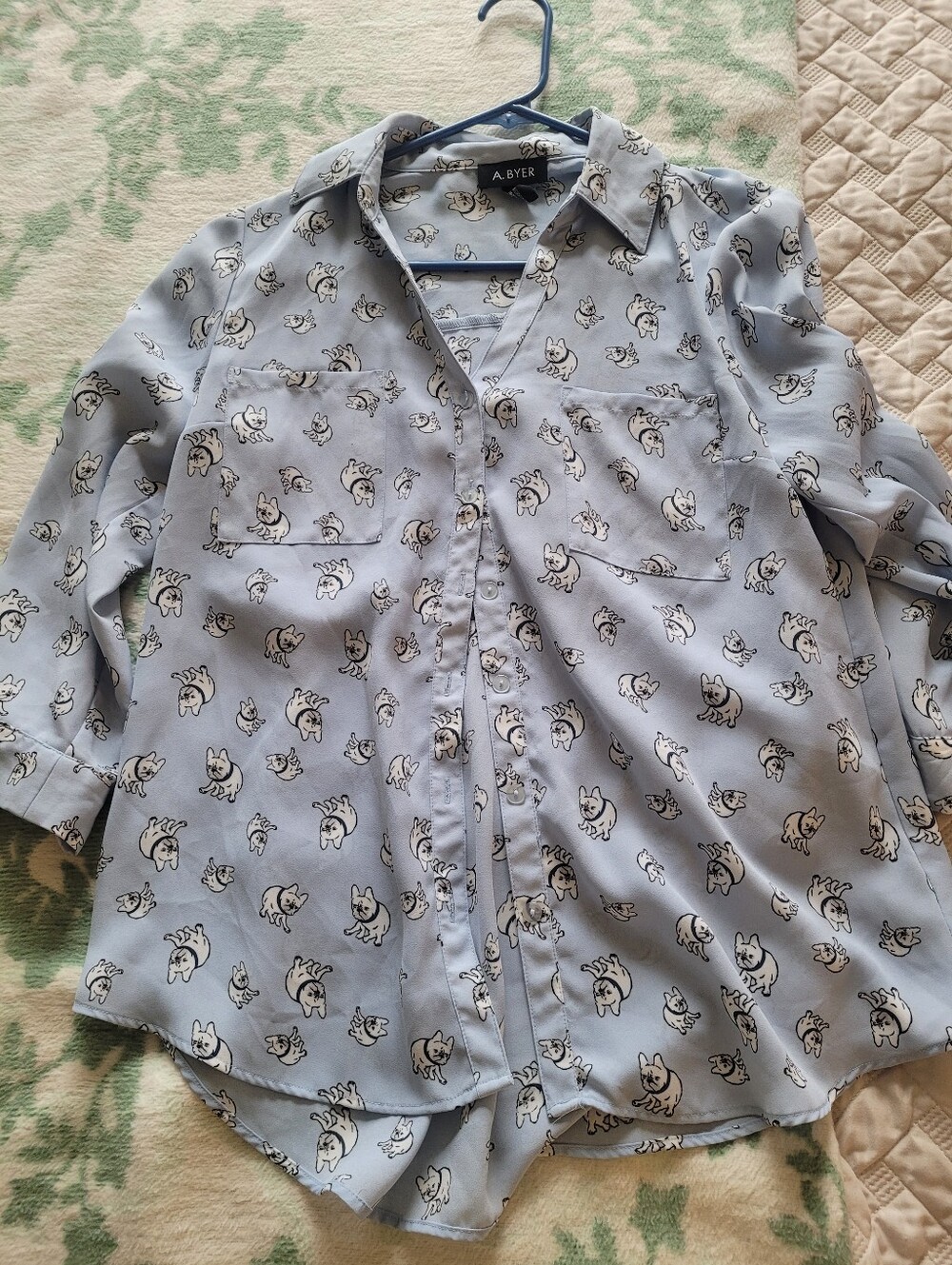 A. Byer Pale Blue Button-Down Shirt with Dog Print
